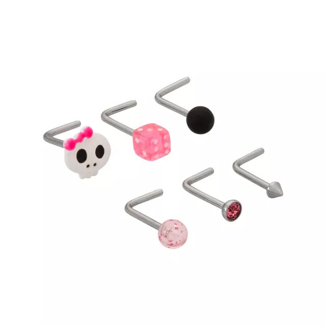 Multi-Pack CZ Pink Skull and Dice L-Bend Nose Rings 6 Pack - 20 Gauge at Spencer's