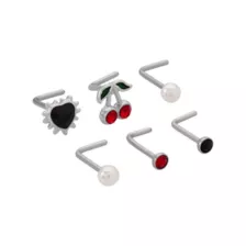 Multi-Pack CZ Cherry and Heart L-Bend Nose Rings 6 Pack - 20 Gauge at Spencer's