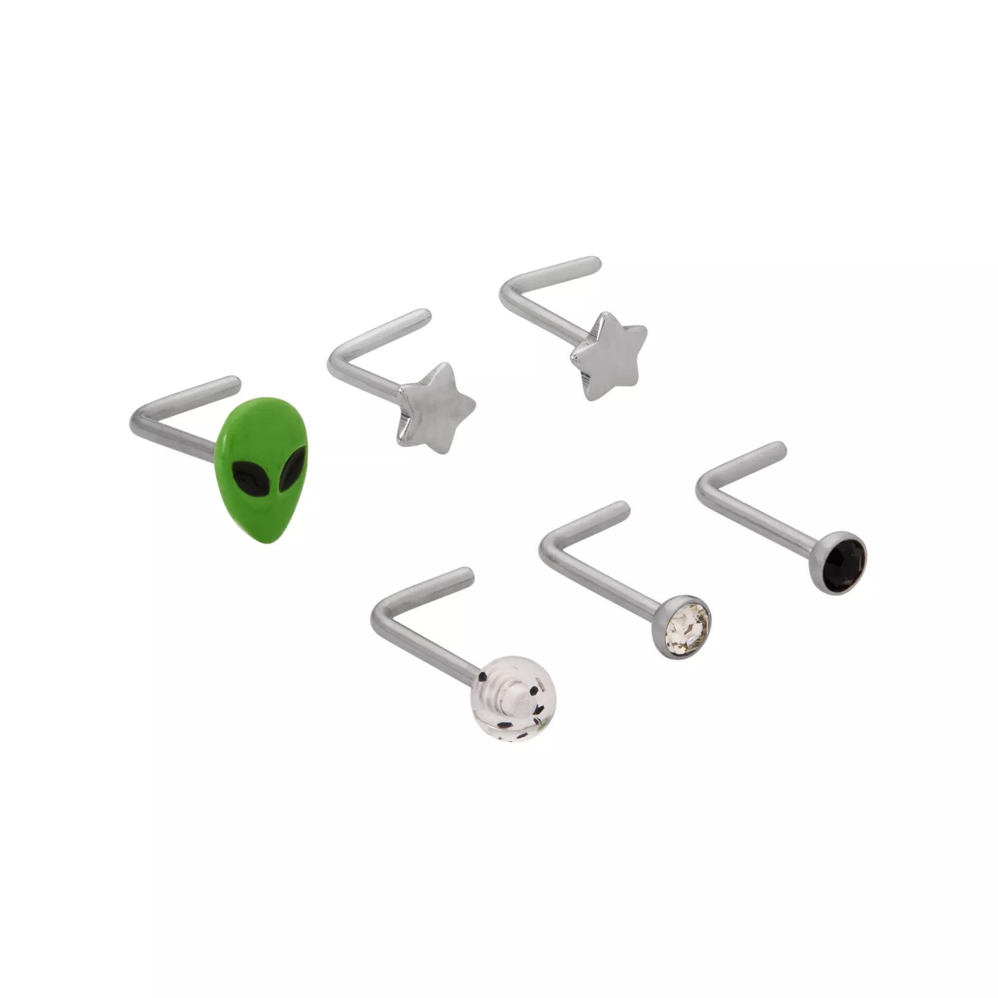 Multi-Pack CZ Alien and Star L-Bend Nose Rings 6 Pack - 20 Gauge at Spencer's