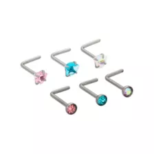 Multi-Pack Multi-Color CZ Heart Titanium L-Bend Nose Rings 6 Pack - 20 Gauge at Spencer's