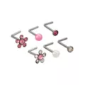 Multi-Pack Pink CZ Flower Titanium L-Bend Nose Rings 6 Pack - 20 Gauge at Spencer's
