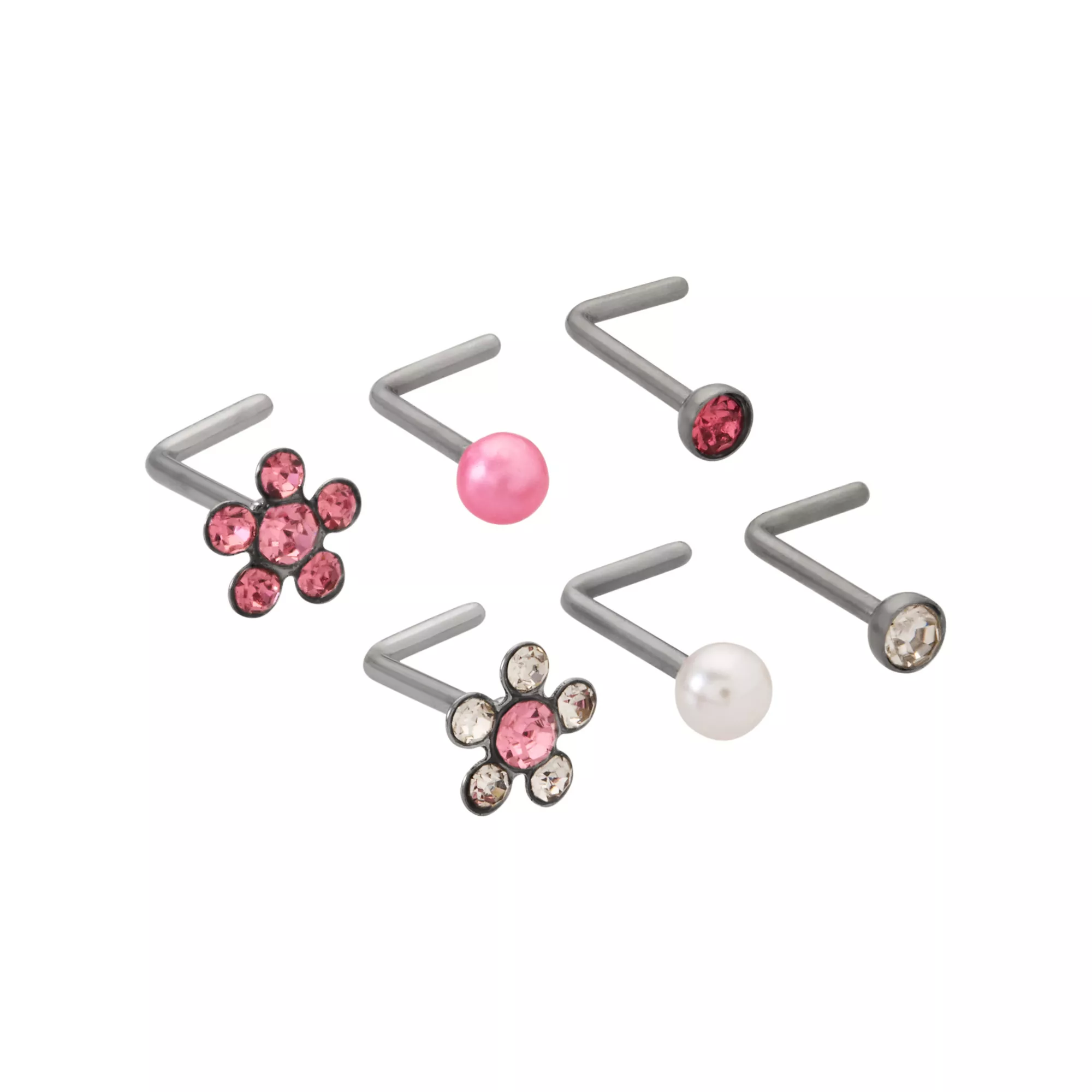 Multi-Pack Pink CZ Flower Titanium L-Bend Nose Rings 6 Pack - 20 Gauge at Spencer's