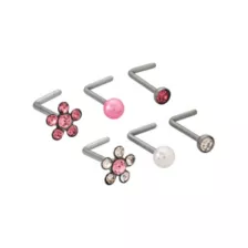 Multi-Pack Pink CZ Flower Titanium L-Bend Nose Rings 6 Pack - 20 Gauge at Spencer's