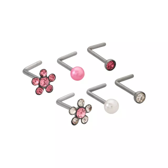 Multi-Pack Pink CZ Flower Titanium L-Bend Nose Rings 6 Pack - 20 Gauge at Spencer's