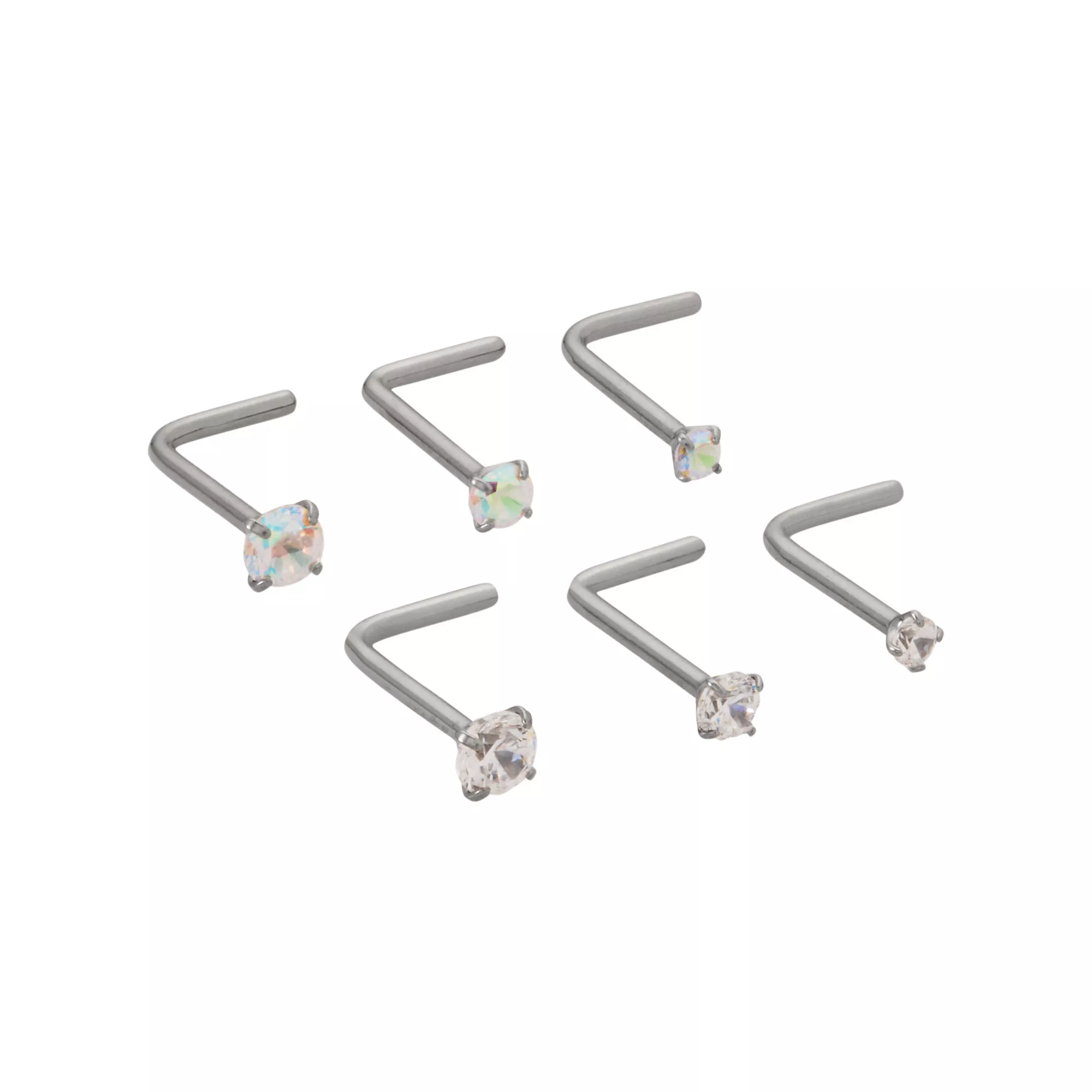 Multi-Pack Prong CZ Titanium L-Bend Nose Rings 6 Pack - 20 Gauge at Spencer's