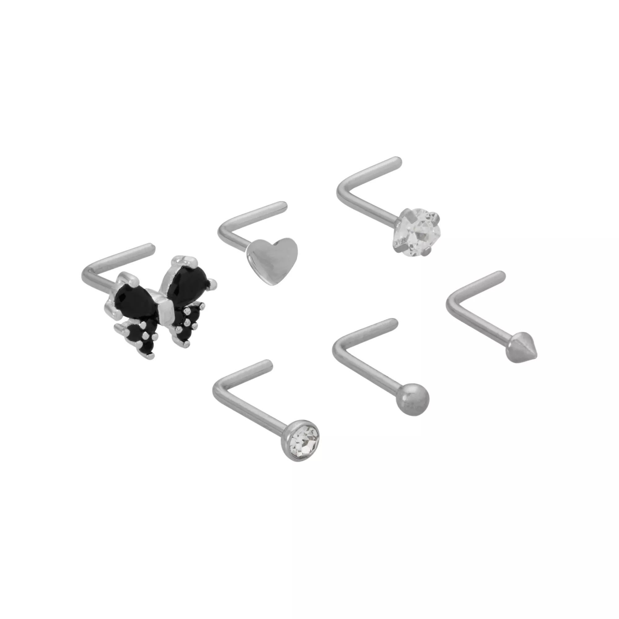 Multi-Pack CZ Black Butterfly and Heart L-Bend Nose Rings 6 Pack - 20 Gauge at Spencer's