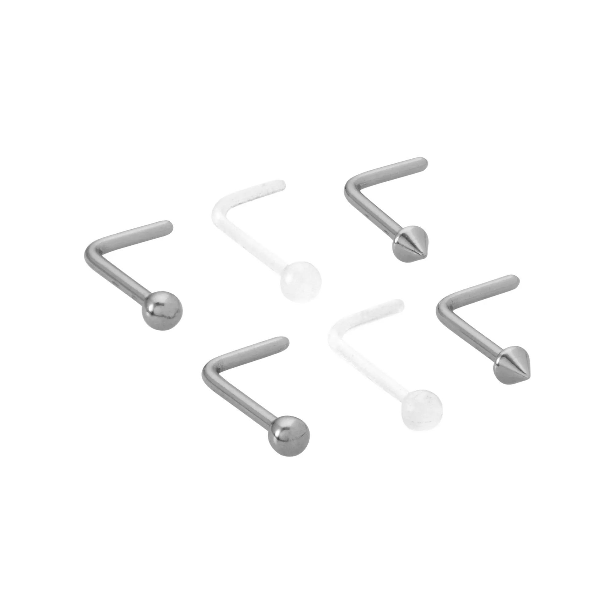 Multi-Pack Silvertone and Clear L-Bend Nose Rings 6 Pack - 20 Gauge at Spencer's