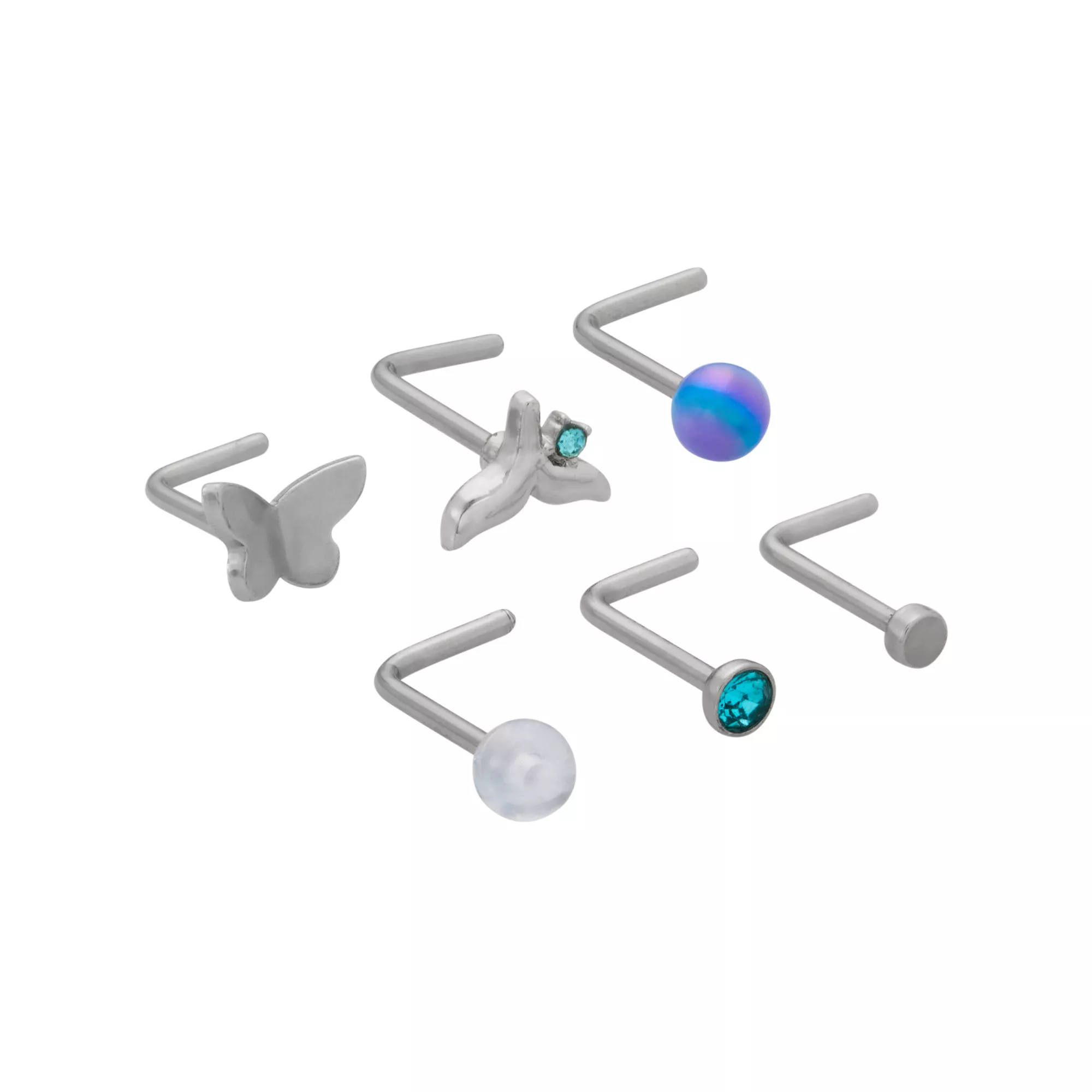 Multi-Pack Blue CZ Butterfly L-Bend Nose Rings 6 Pack - 20 Gauge at Spencer's