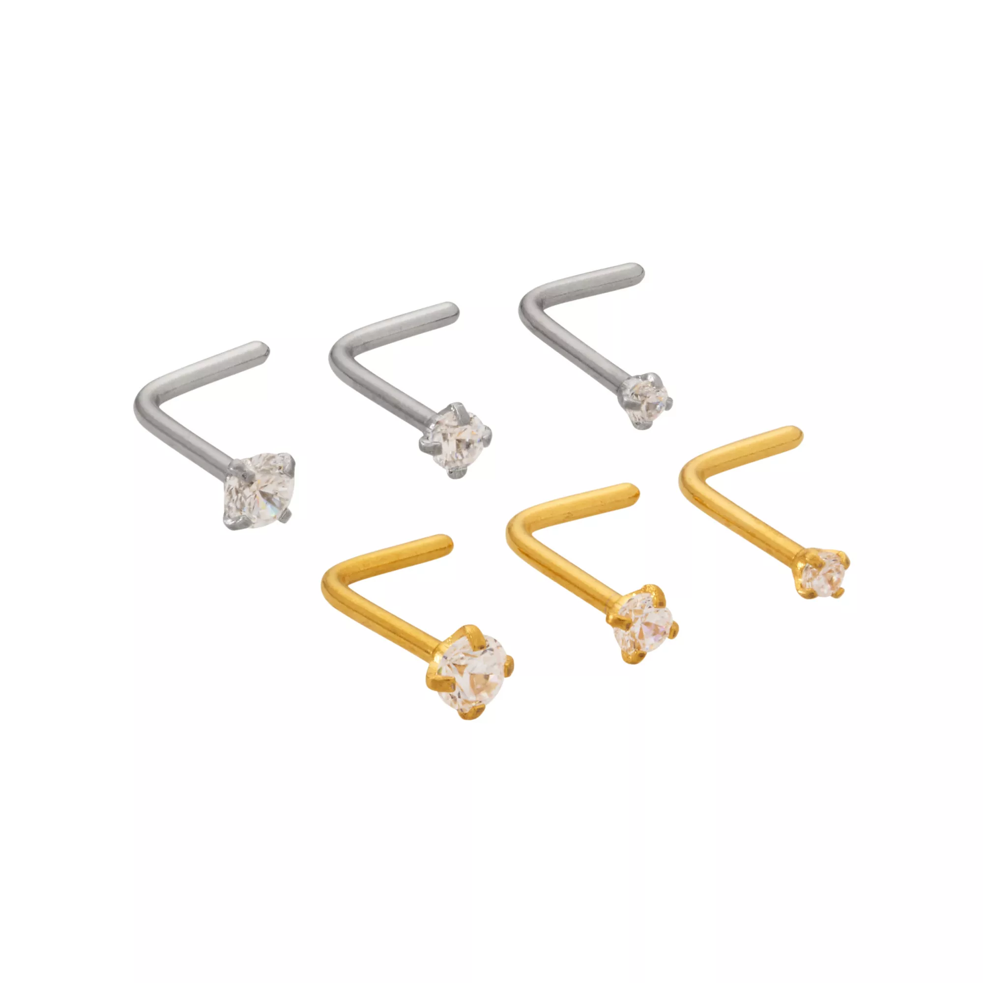 Multi-Pack Prong CZ Silvertone and Goldtone L-Bend Nose Rings 6 Pack - 20 Gauge at Spencer's