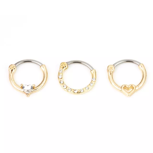 Multi-Pack Goldtone CZ Heart Hinged Septum Rings 3 Pack - 16 Gauge at Spencer's