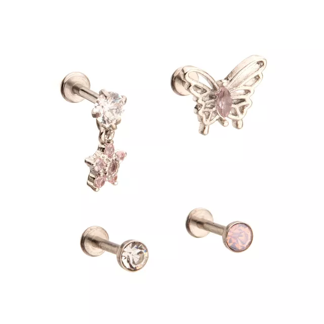 Multi-Pack CZ Pink Butterfly Star Cartilage Earrings 4 Pack  - 18 Gauge at Spencer's