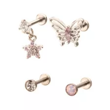 Multi-Pack CZ Pink Butterfly Star Cartilage Earrings 4 Pack  - 18 Gauge at Spencer's