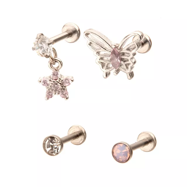 Multi-Pack CZ Pink Butterfly Star Cartilage Earrings 4 Pack  - 18 Gauge at Spencer's