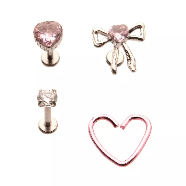 Multi-Pack CZ Pink Bow Heart Cartilage Earrings 4 Pack - 18 Gauge at Spencer's