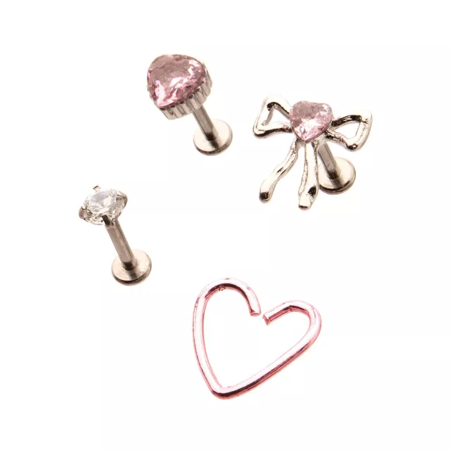 Multi-Pack CZ Pink Bow Heart Cartilage Earrings 4 Pack - 18 Gauge at Spencer's