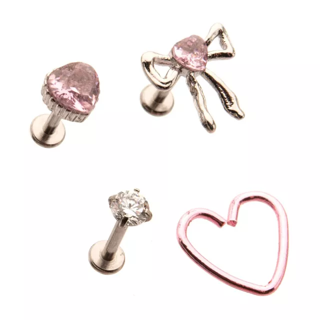 Multi-Pack CZ Pink Bow Heart Cartilage Earrings 4 Pack - 18 Gauge at Spencer's