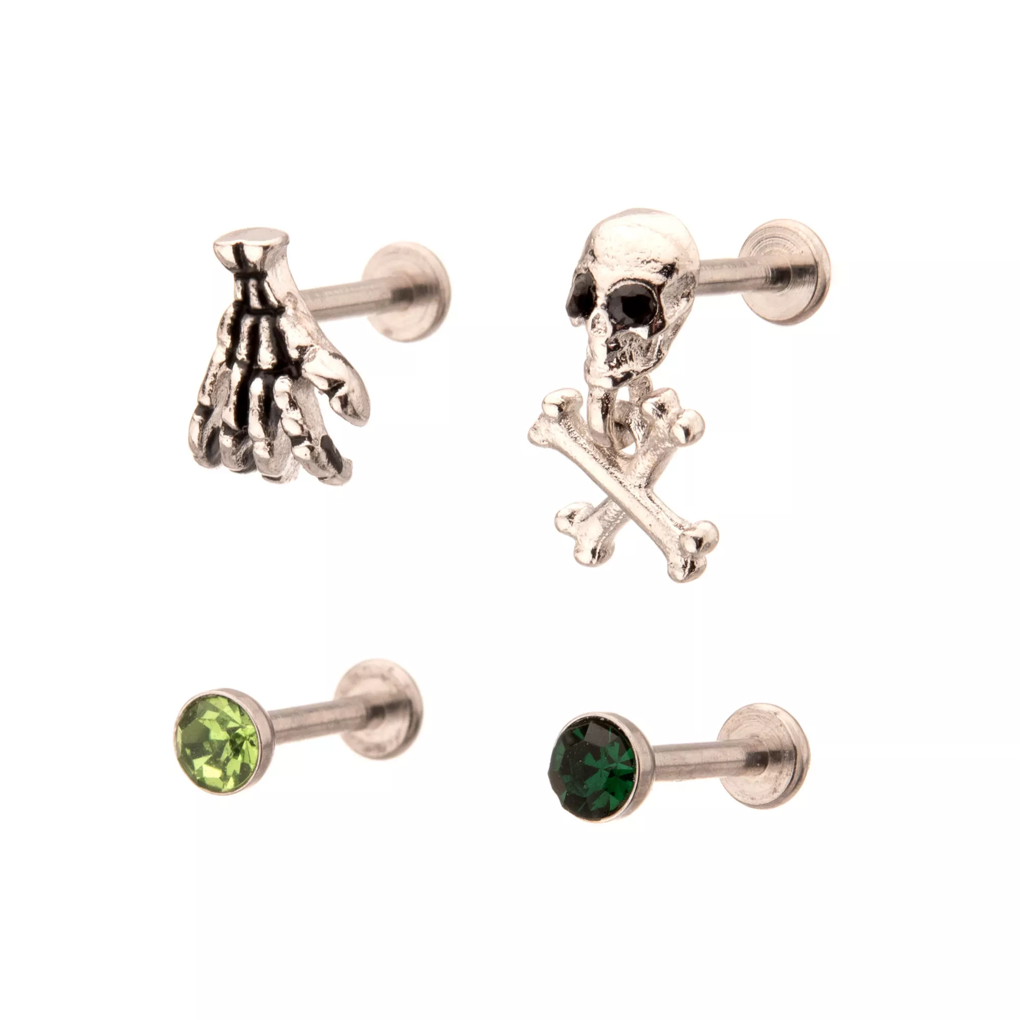 Multi-Pack CZ Green Skull Cartilage Earrings 4 Pack - 18 Gauge