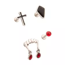 Multi-Pack CZ Red and Black Fangs Cross Cartilage Earrings 4 Pack - 18 Gauge at Spencer's