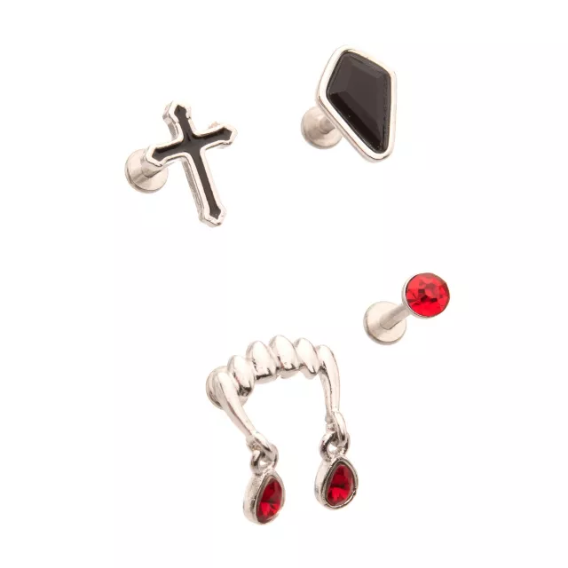Multi-Pack CZ Red and Black Fangs Cross Cartilage Earrings 4 Pack - 18 Gauge at Spencer's