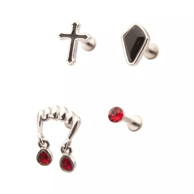 Multi-Pack CZ Red and Black Fangs Cross Cartilage Earrings 4 Pack - 18 Gauge at Spencer's