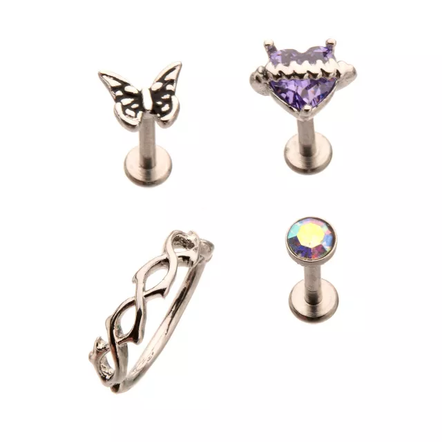 Multi-Pack CZ Purple Heart Butterfly Cartilage Earrings 4 Pack - 18 Gauge at Spencer's