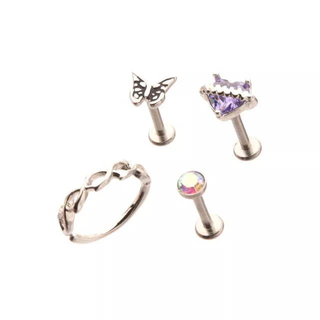 Multi-Pack CZ Purple Heart Butterfly Cartilage Earrings 4 Pack - 18 Gauge at Spencer's