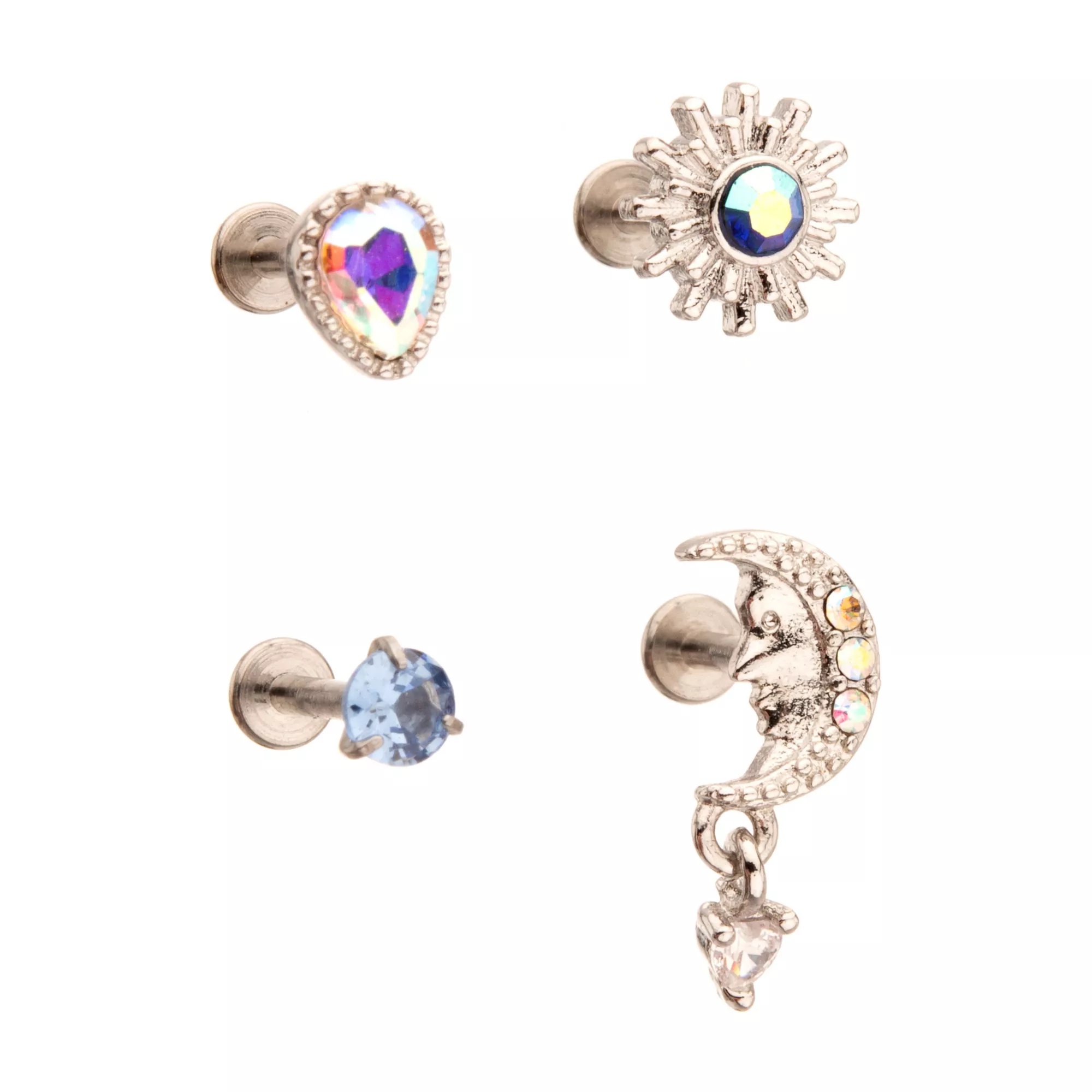 Multi-Pack CZ Sun Moon Cartilage Earrings 4 Pack - 18 Gauge