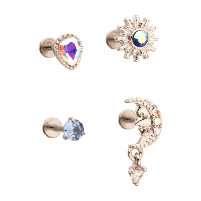 Multi-Pack CZ Sun Moon Cartilage Earrings 4 Pack - 18 Gauge at Spencer's