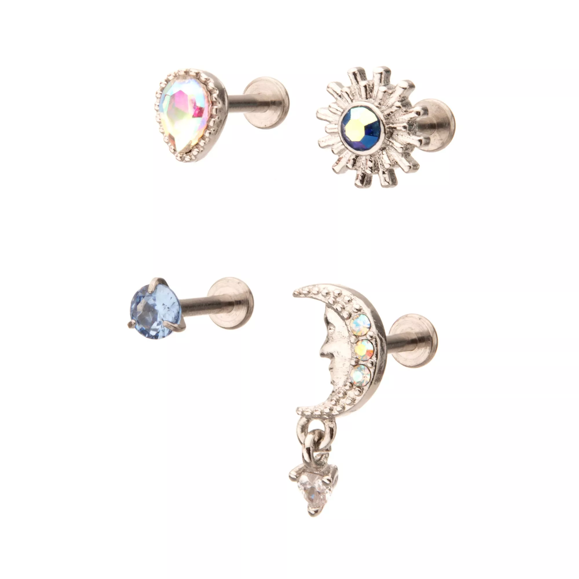 Multi-Pack CZ Sun Moon Cartilage Earrings 4 Pack - 18 Gauge at Spencer's