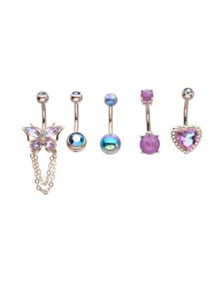 Multi-Pack Purple Blue and Silver Butterfly Heart Belly Rings 5 Pack -