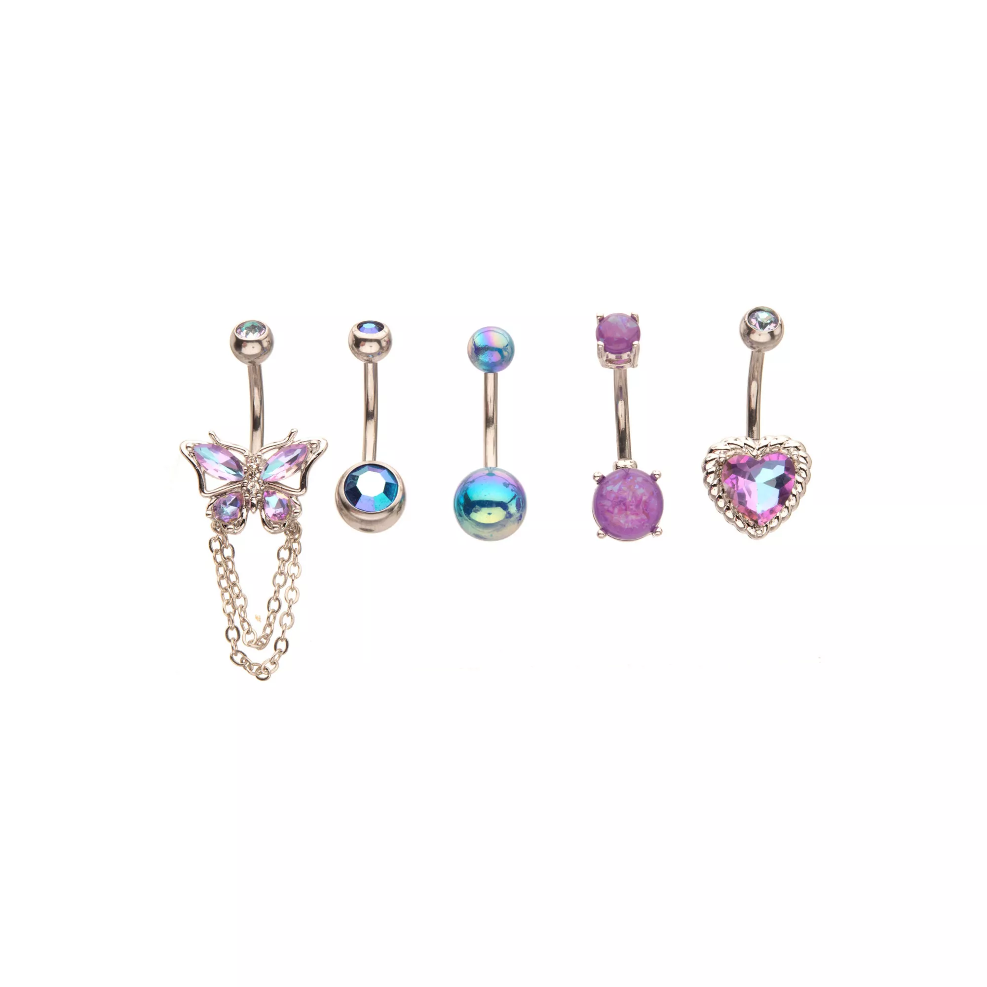 Multi-Pack Purple Blue and Silver Butterfly Heart Belly Rings 5 Pack - 14 Gauge at Spencer's