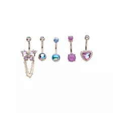 Multi-Pack Purple Blue and Silver Butterfly Heart Belly Rings 5 Pack - 14 Gauge at Spencer's