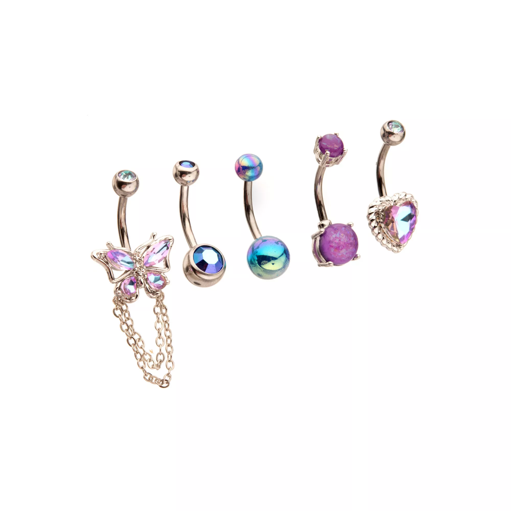 Multi-Pack Purple Blue and Silver Butterfly Heart Belly Rings 5 Pack - 14 Gauge at Spencer's