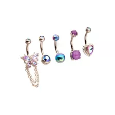 Multi-Pack Purple Blue and Silver Butterfly Heart Belly Rings 5 Pack - 14 Gauge at Spencer's