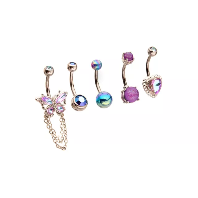 Multi-Pack Purple Blue and Silver Butterfly Heart Belly Rings 5 Pack - 14 Gauge at Spencer's
