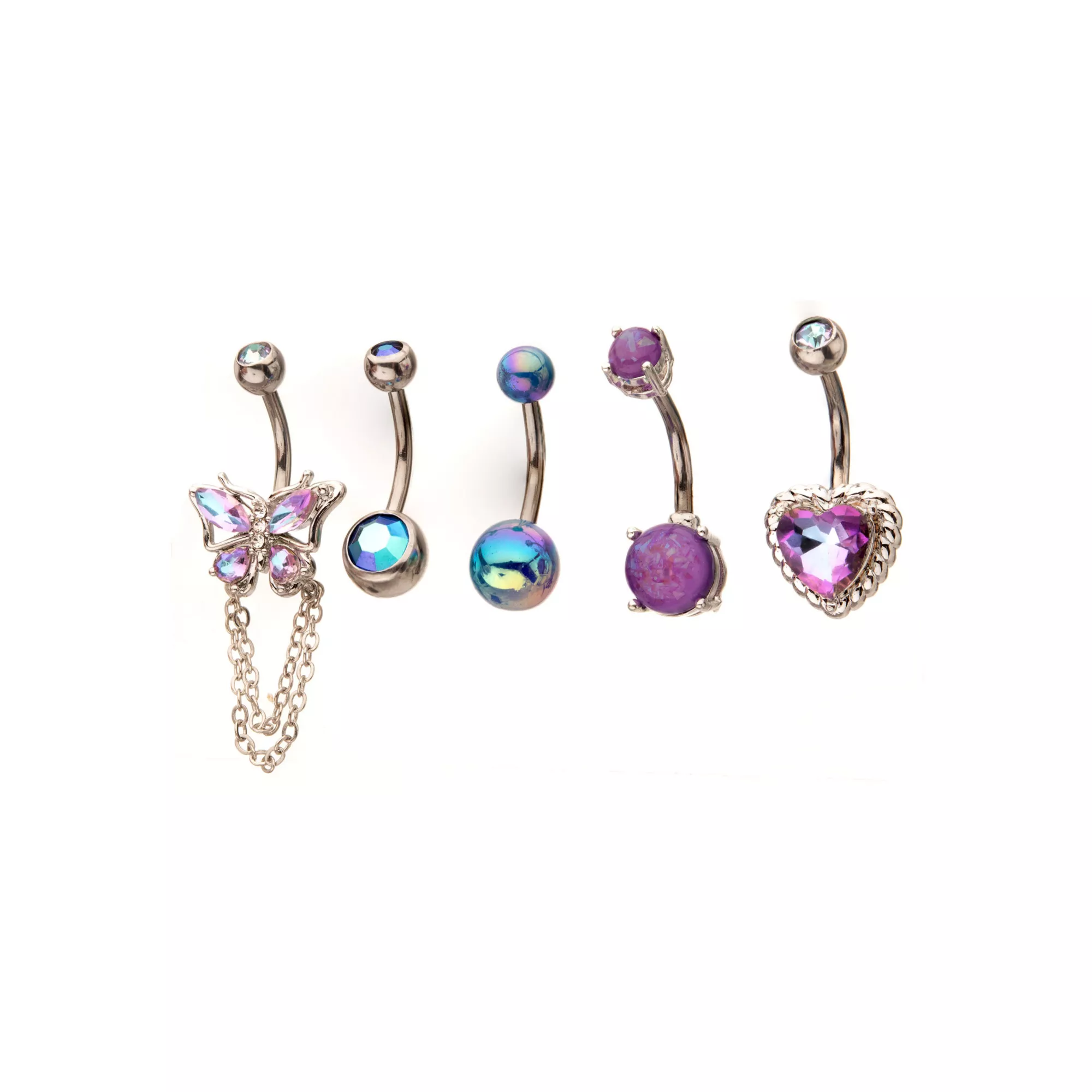 Multi-Pack Purple Blue and Silver Butterfly Heart Belly Rings 5 Pack - 14 Gauge at Spencer's