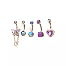 Multi-Pack Purple Blue and Silver Butterfly Heart Belly Rings 5 Pack - 14 Gauge at Spencer's