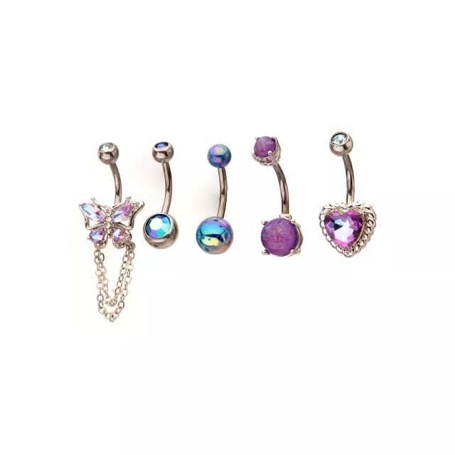 Multi-Pack Purple Blue and Silver Butterfly Heart Belly Rings 5 Pack - 14 Gauge at Spencer's