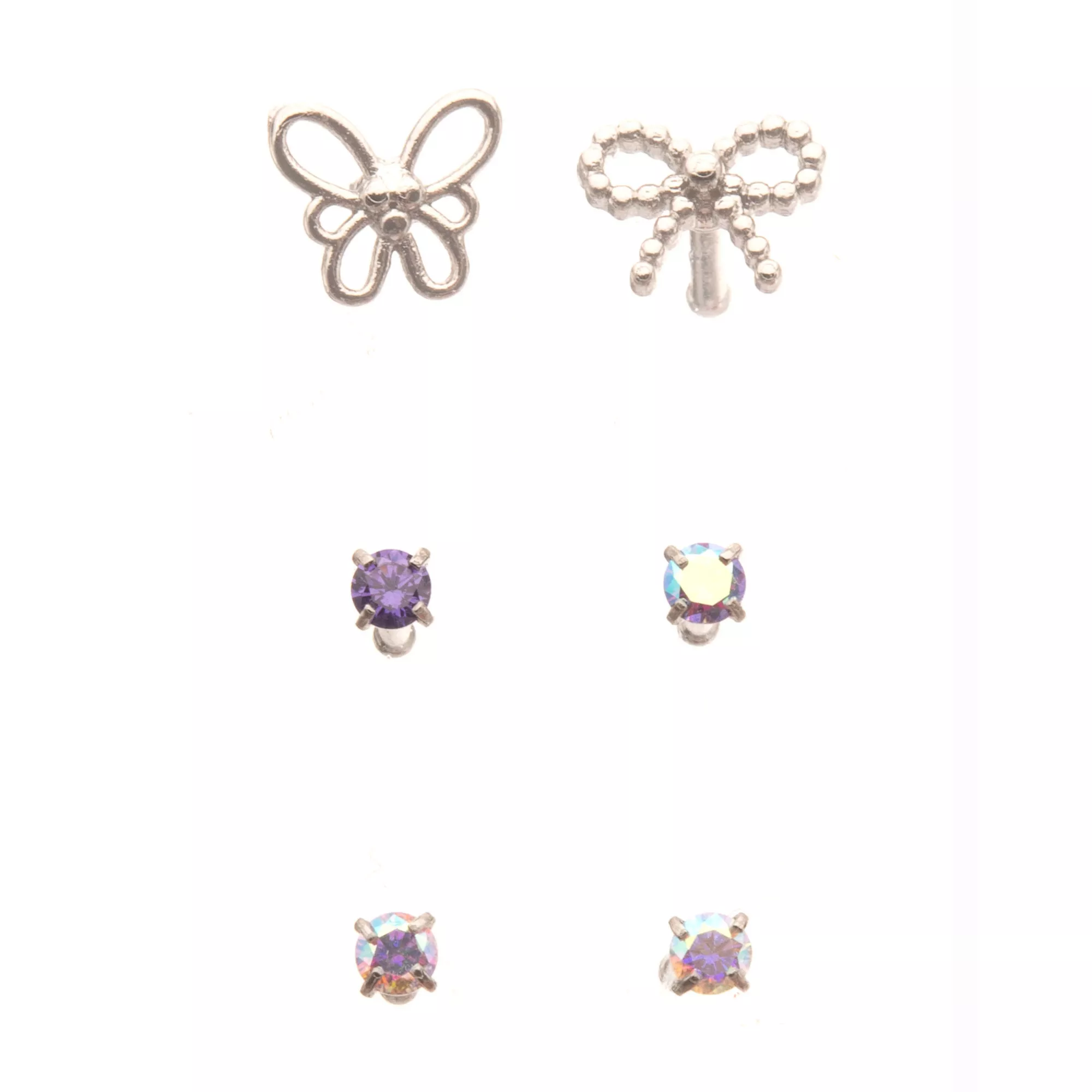 Multi-Pack Silver Butterfly Bow and Iridescent Gem Nose Pins 6 Pack - 20 Gauge at Spencer's