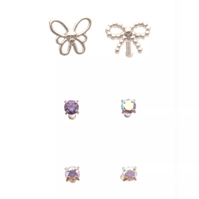 Multi-Pack Silver Butterfly Bow and Iridescent Gem Nose Pins 6 Pack - 20 Gauge at Spencer's