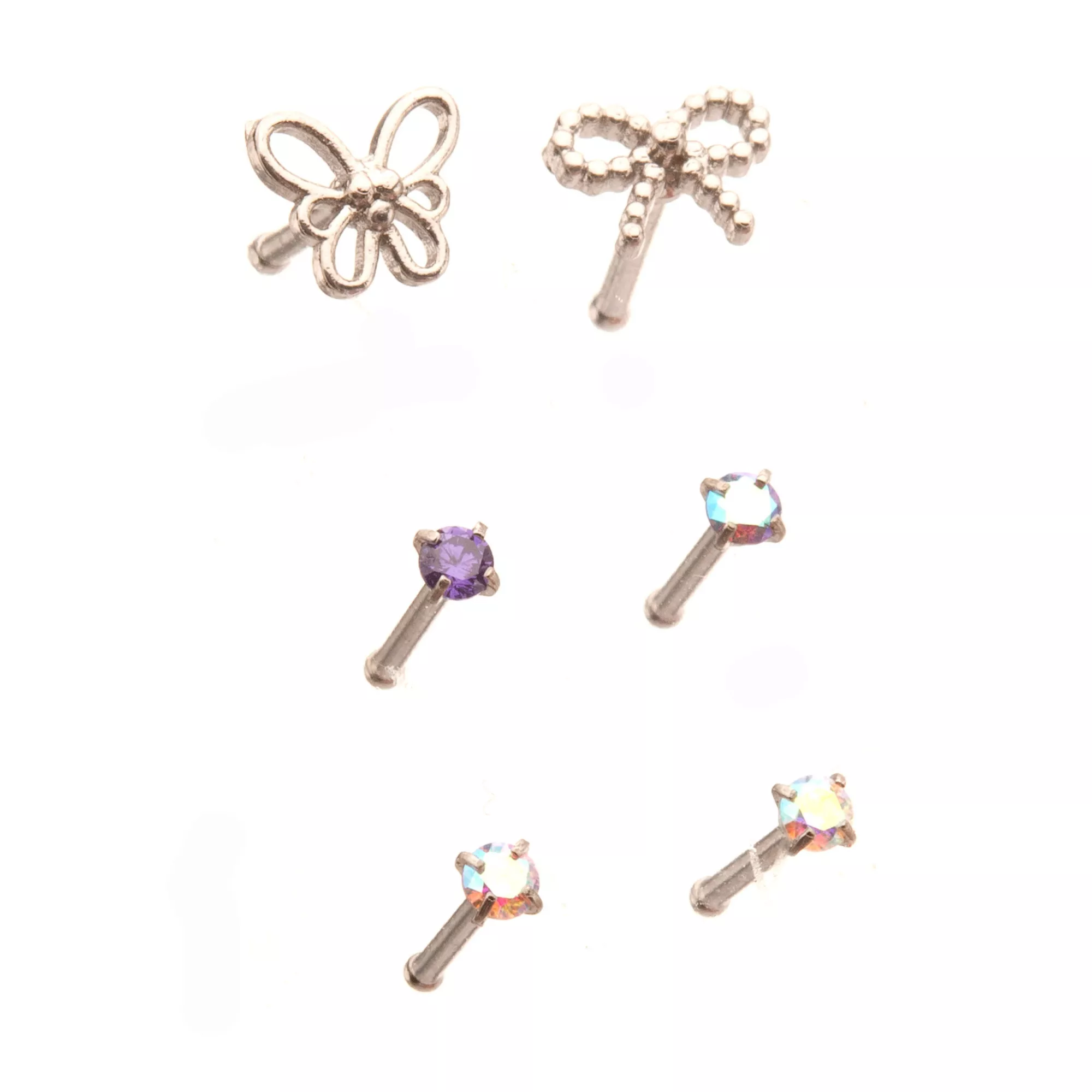 Multi-Pack Silver Butterfly Bow and Iridescent Gem Nose Pins 6 Pack - 20 Gauge at Spencer's