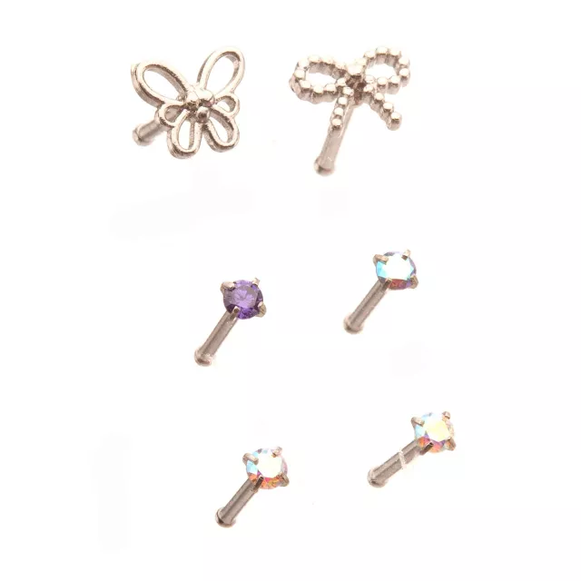Multi-Pack Silver Butterfly Bow and Iridescent Gem Nose Pins 6 Pack - 20 Gauge at Spencer's