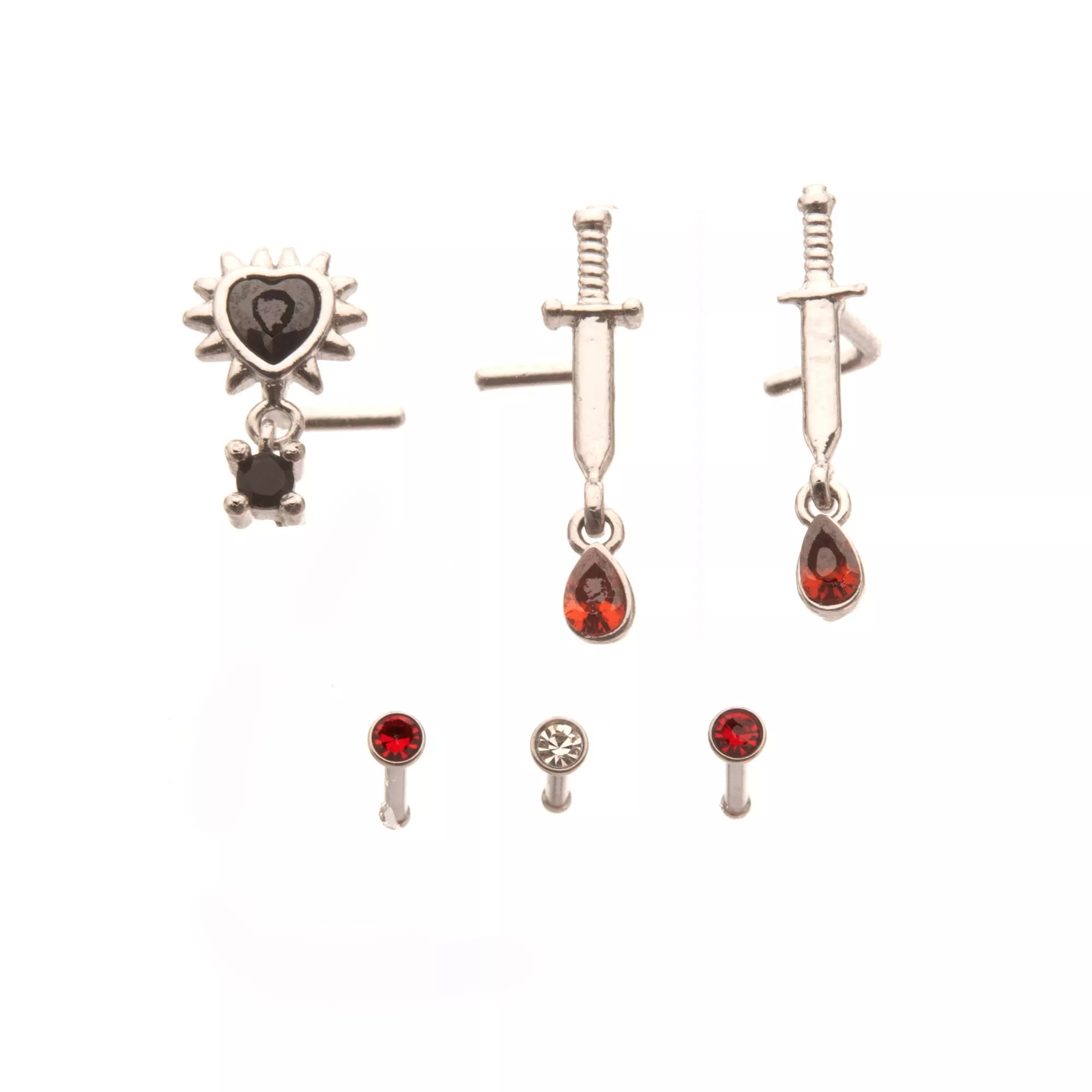 Multi-Pack Dangle Gem Heart Sword L-Bend and Basic Nose Pins 6 Pack - 20 Gauge at Spencer's