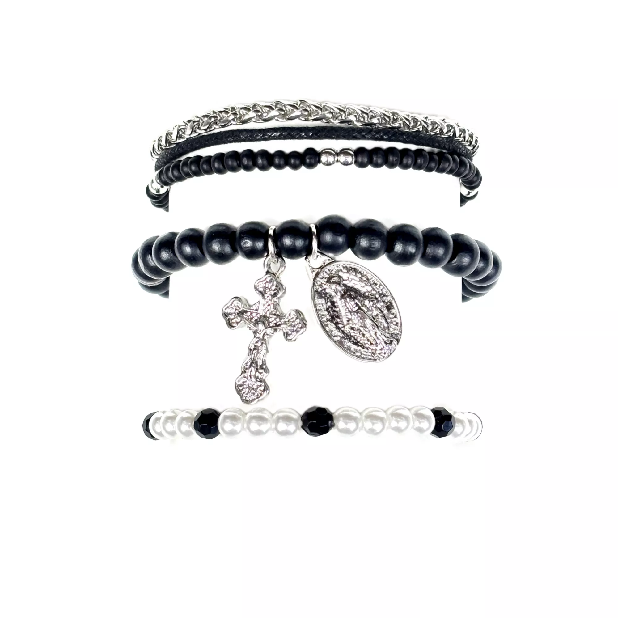 Multi-Pack Pearl-Effect Cross Black Silvertone Bracelets - 3 Pack at Spencer's