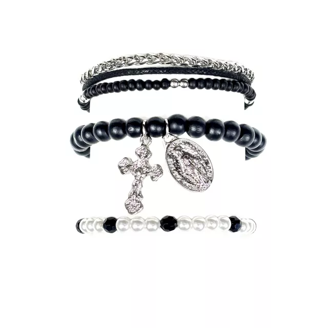 Multi-Pack Pearl-Effect Cross Black Silvertone Bracelets - 3 Pack at Spencer's