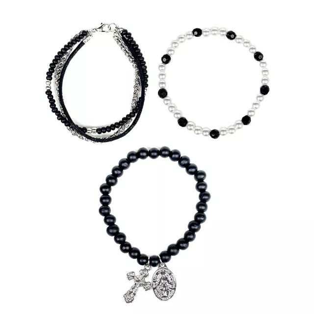 Multi-Pack Pearl-Effect Cross Black Silvertone Bracelets - 3 Pack at Spencer's