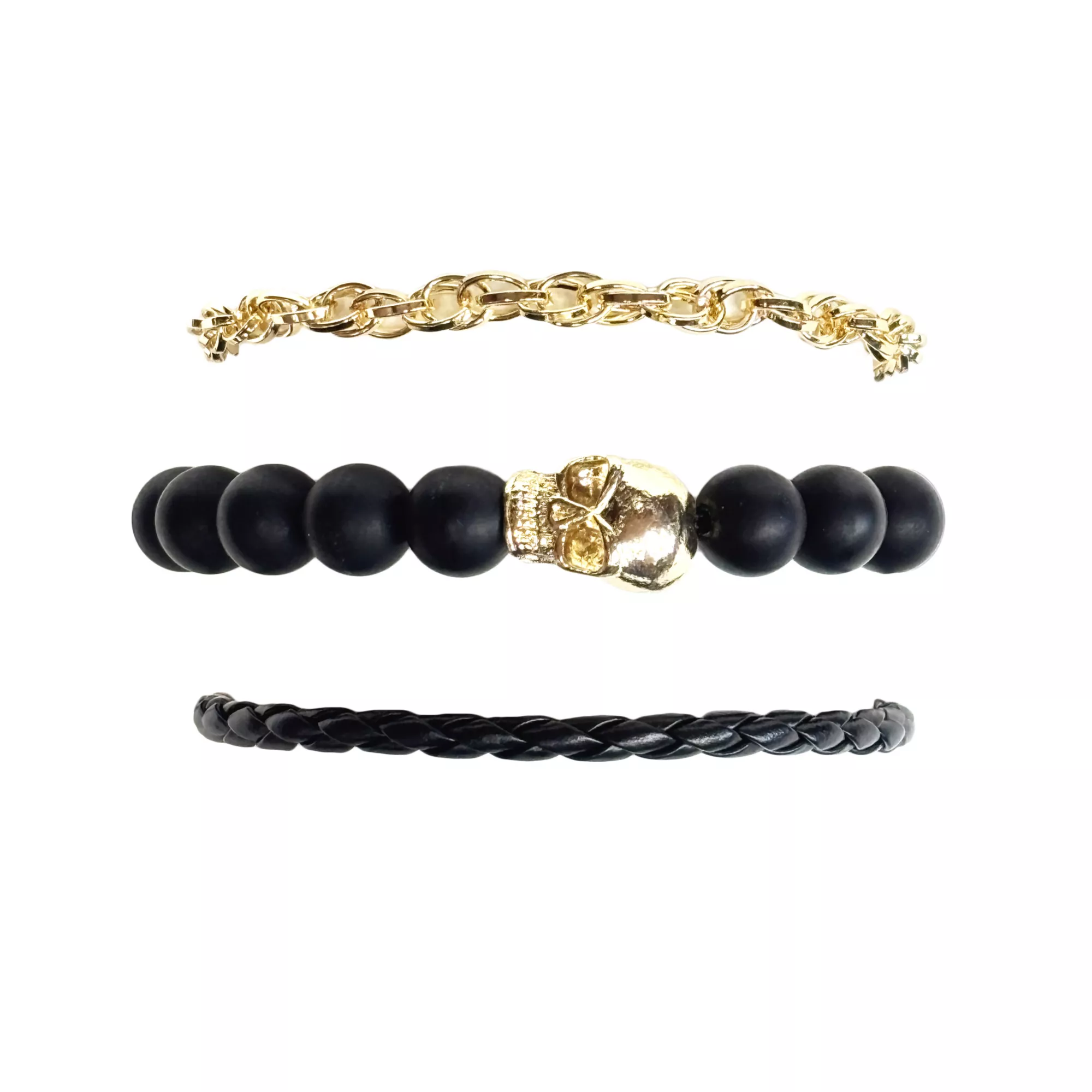 Multi-Pack Black and Goldtone Skull Beaded Cord Bracelets - 3 Pack at Spencer's