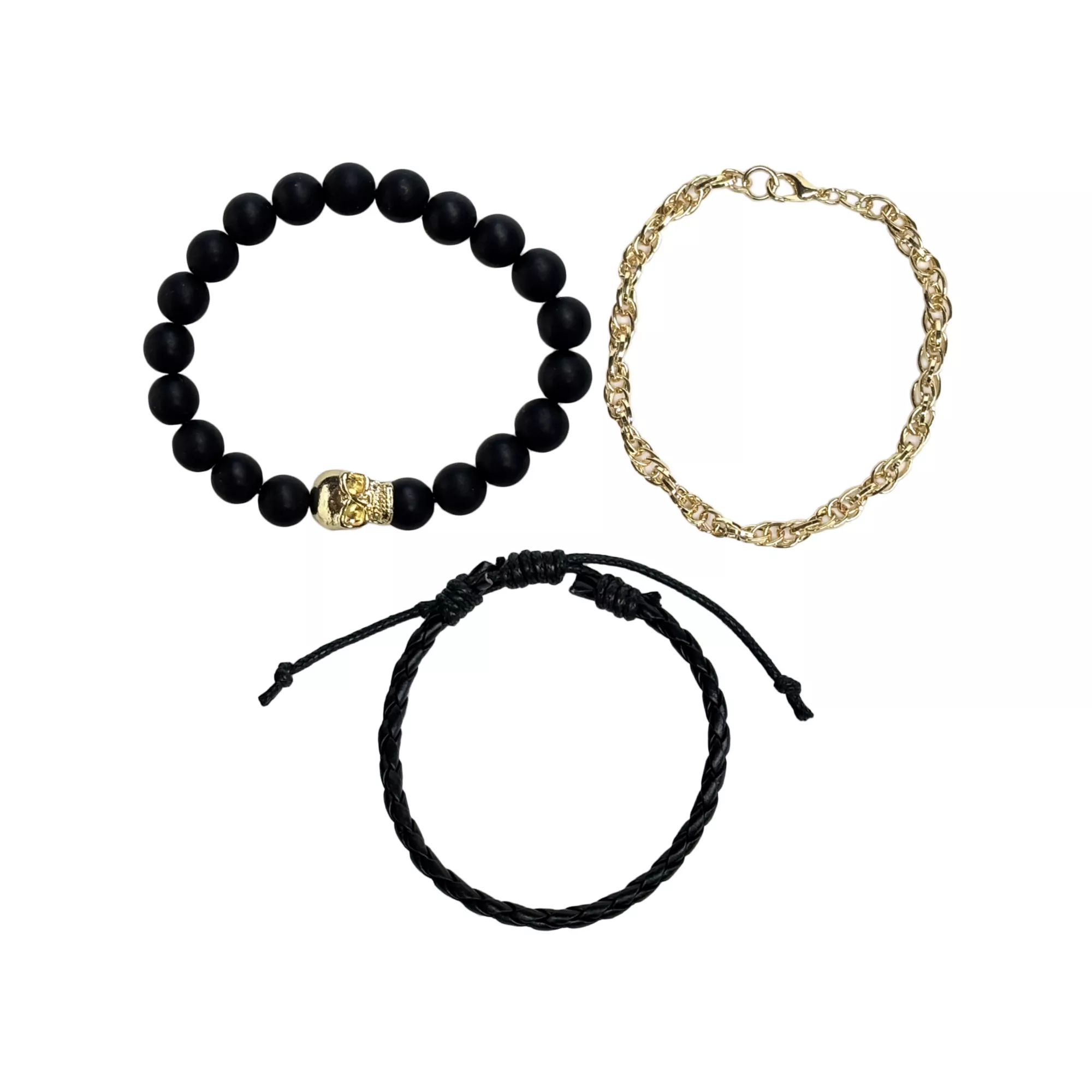 Multi-Pack Black and Goldtone Skull Beaded Cord Bracelets - 3 Pack at Spencer's