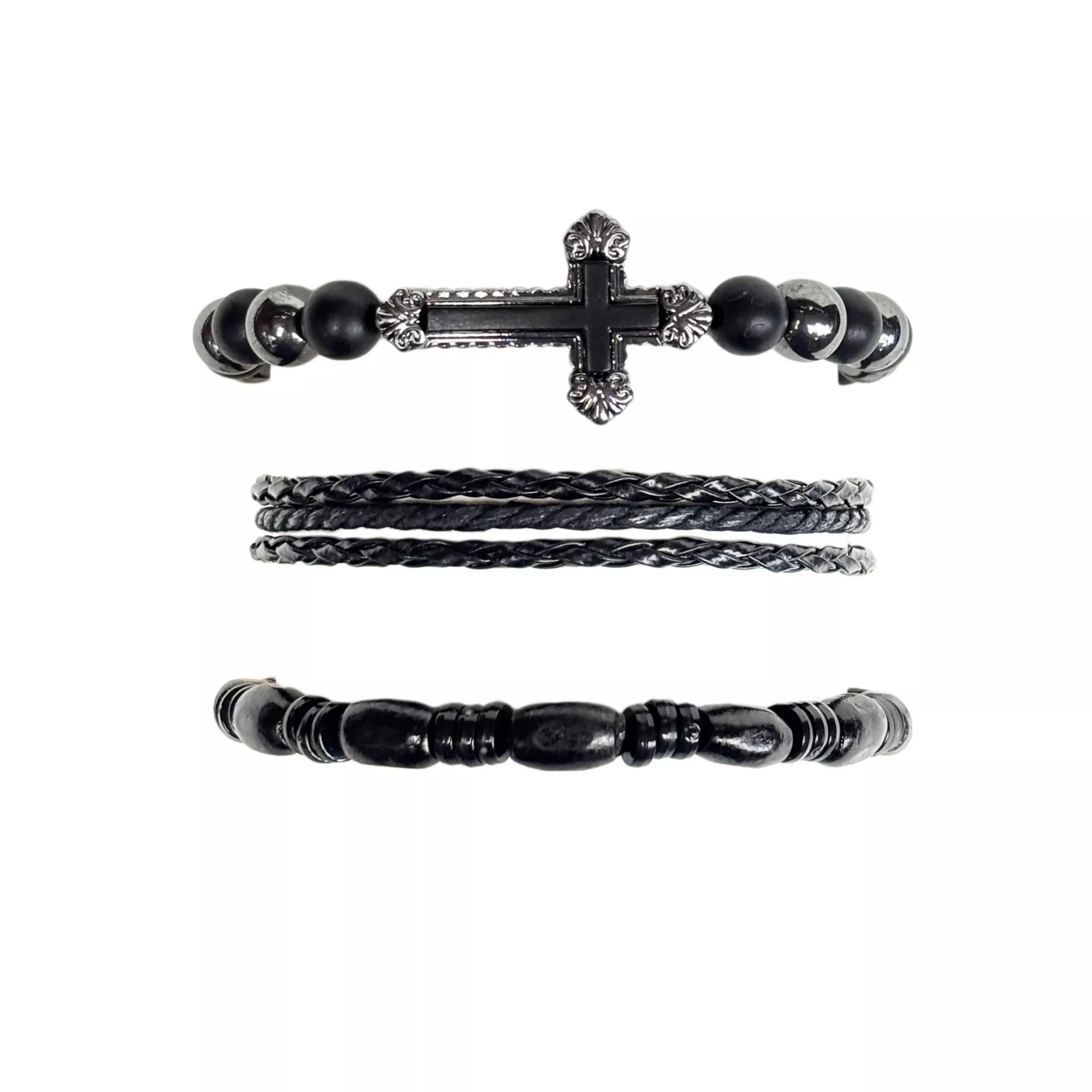 Multi-Pack Black Beaded Cord Cross Bracelets - 3 Pack at Spencer's