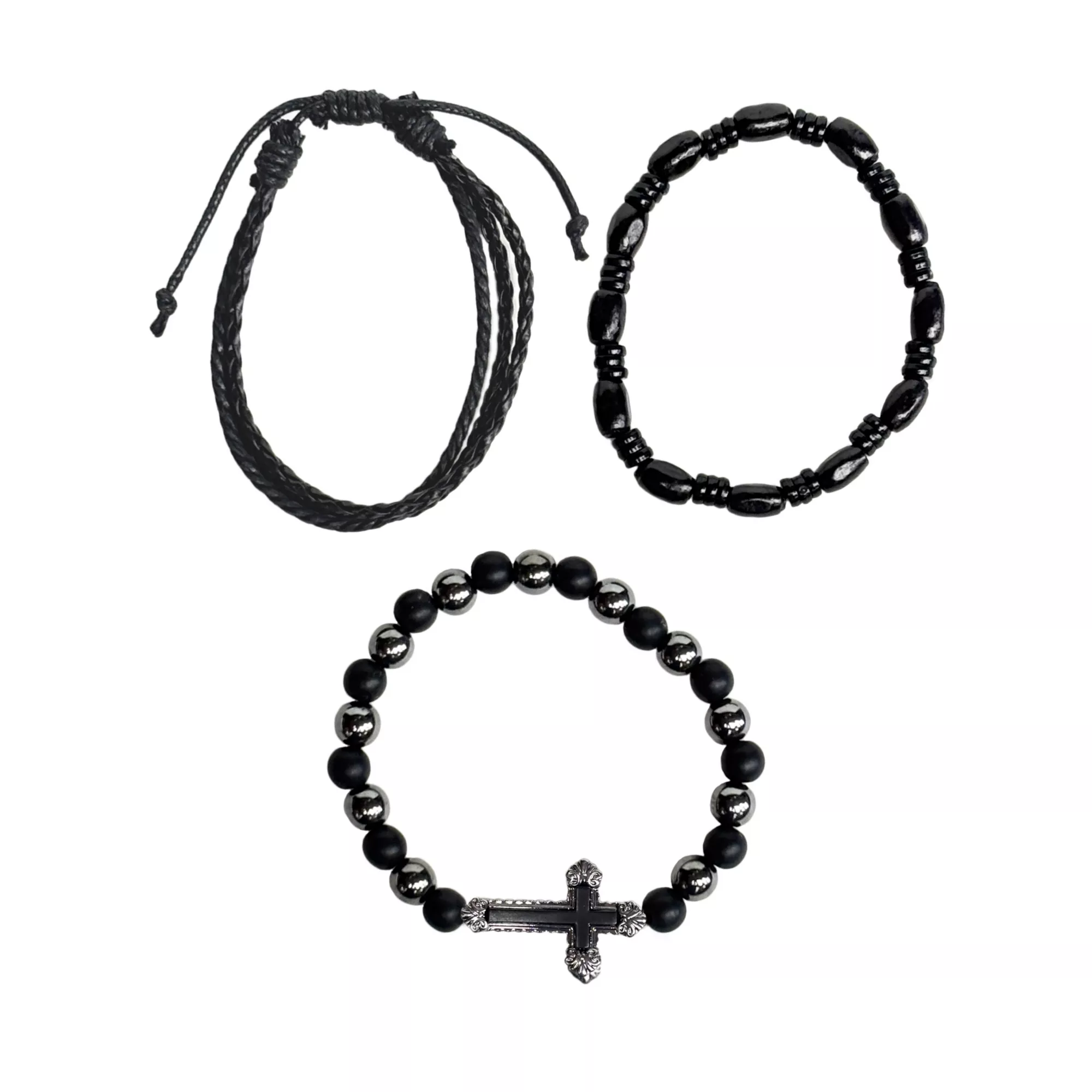 Multi-Pack Black Beaded Cord Cross Bracelets - 3 Pack at Spencer's